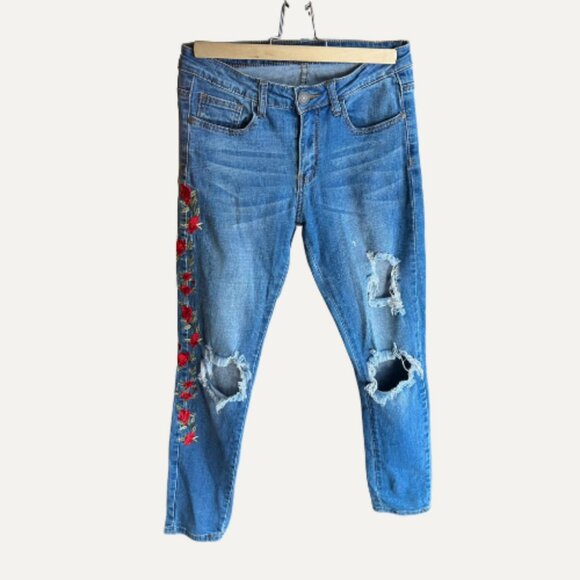 Machine Jeans Distressed Skinny with Rose Embroidery – Size 3 (US 27) - Picture 1 of 2